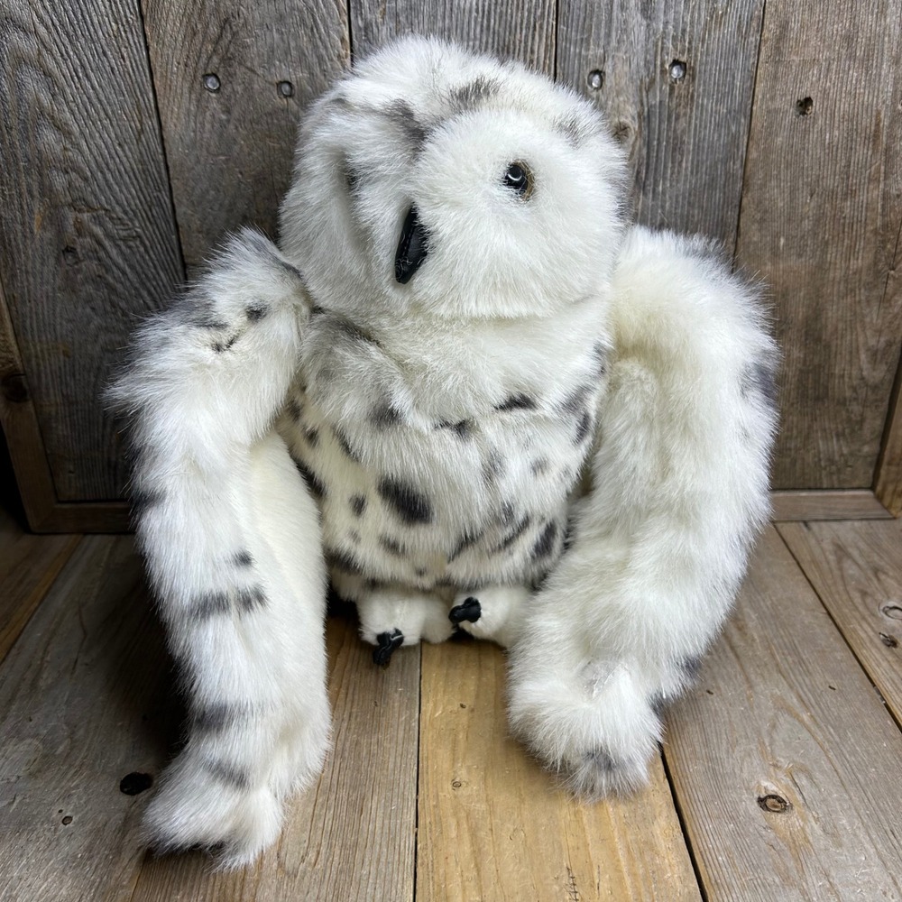 Folkmanis Snowy Owl Hand Puppet White Spotted Faux Fur Rotating Head 10 inch